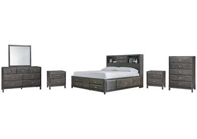 Caitbrook California King Storage Bed with 8 Storage Drawers with Mirrored Dresser, Chest and 2 Nightstands