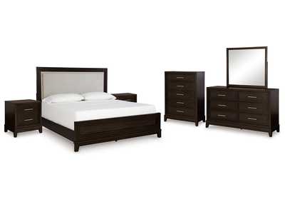 Neymorton Queen Upholstered Panel Bed with Mirrored Dresser, Chest and 2 Nightstands,Signature Design By Ashley