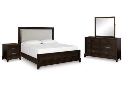 Neymorton Queen Upholstered Panel Bed with Mirrored Dresser and Nightstand,Signature Design By Ashley