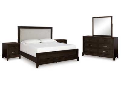 Neymorton Queen Upholstered Panel Bed with Mirrored Dresser and 2 Nightstands,Signature Design By Ashley