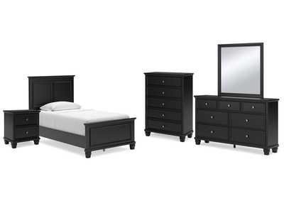 Lanolee Twin Panel Bed with Mirrored Dresser, Chest and Nightstand