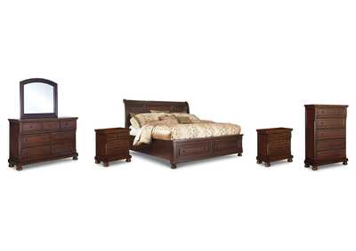 Porter Queen Sleigh Storage Bed, Dresser, Mirror, Chest, and 2 Nightstands
