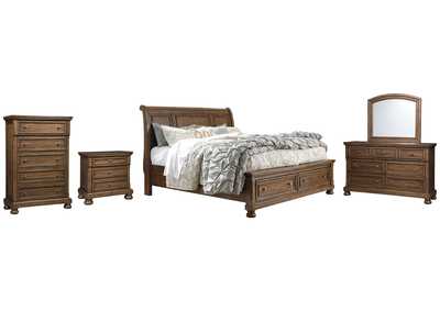 Flynnter Queen Sleigh Bed with 2 Storage Drawers with Mirrored Dresser, Chest and Nightstand,Signature Design By Ashley