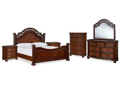 Lavinton Queen Poster Bed with Mirrored Dresser, Chest and 2 Nightstands,Signature Design By Ashley