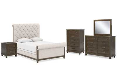 Hillcott Queen Upholstered Bed with Mirrored Dresser, Chest and Nightstand