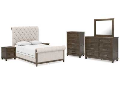 Hillcott Queen Upholstered Bed with Mirrored Dresser, Chest and 2 Nightstands