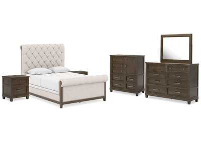 Image for Hillcott Queen Upholstered Bed with Mirrored Dresser, Chest and 2 Nightstands