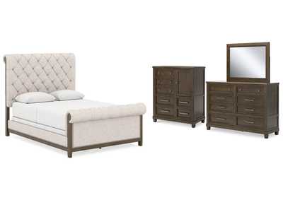 Hillcott Queen Upholstered Bed with Mirrored Dresser and Chest