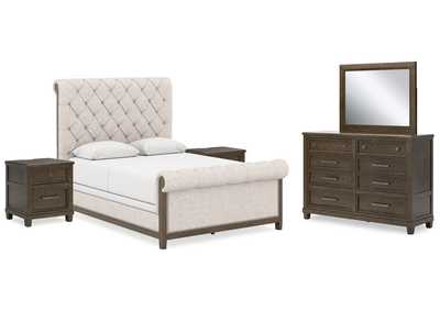 Hillcott Queen Upholstered Bed with Mirrored Dresser and 2 Nightstands