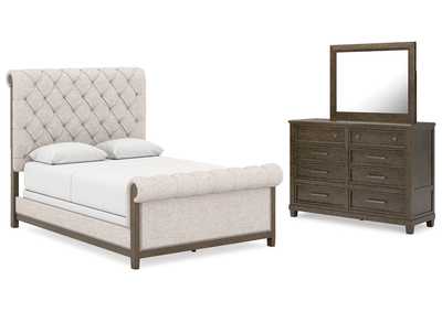 Hillcott Queen Upholstered Bed with Mirrored Dresser