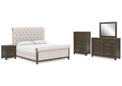 Hillcott California King Upholstered Bed with Mirrored Dresser, Chest and Nightstand