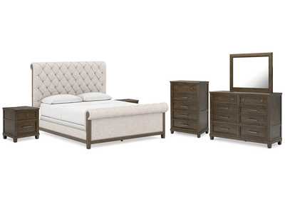 Hillcott California King Upholstered Bed with Mirrored Dresser, Chest and 2 Nightstands