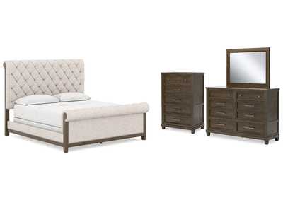 Hillcott California King Upholstered Bed with Mirrored Dresser and Chest