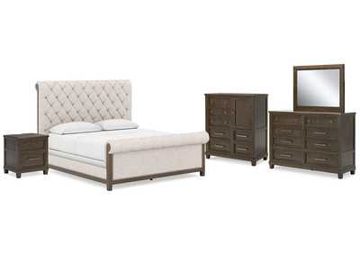 Hillcott California King Upholstered Bed with Mirrored Dresser, Chest and Nightstand