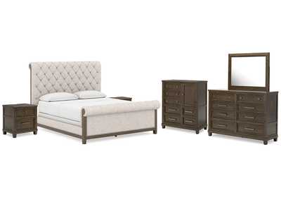 Hillcott California King Upholstered Bed with Mirrored Dresser, Chest and 2 Nightstands