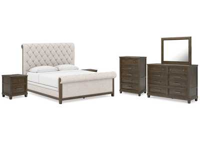 Hillcott King Upholstered Bed with Mirrored Dresser, Chest and 2 Nightstands