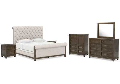 Image for Hillcott King Upholstered Bed with Mirrored Dresser, Chest and 2 Nightstands