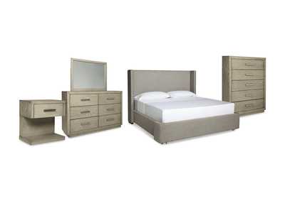 Image for Fawnburg California King Upholstered Storage Bed with Mirrored Dresser, Chest and Nightstand