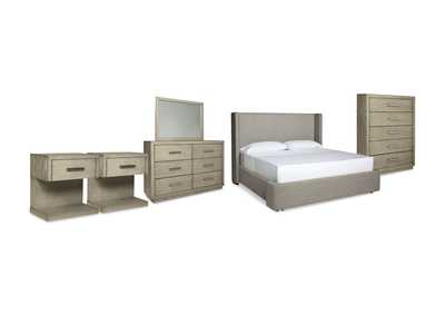 Fawnburg California King Upholstered Storage Bed with Mirrored Dresser, Chest and 2 Nightstands