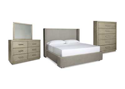 Image for Fawnburg California King Upholstered Storage Bed with Mirrored Dresser and Chest