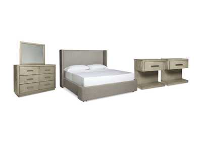 Fawnburg California King Upholstered Storage Bed with Mirrored Dresser and 2 Nightstands