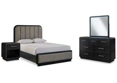 Rowanbeck Queen Upholstered Panel Bed with Mirrored Dresser and Nightstand,Signature Design By Ashley