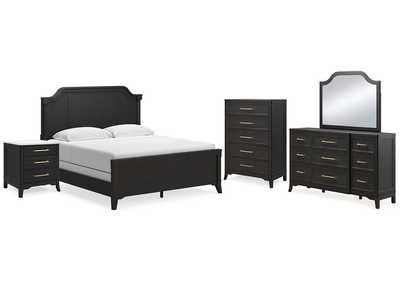 Welltern King Panel Bed with Mirrored Dresser, Chest and Nightstand