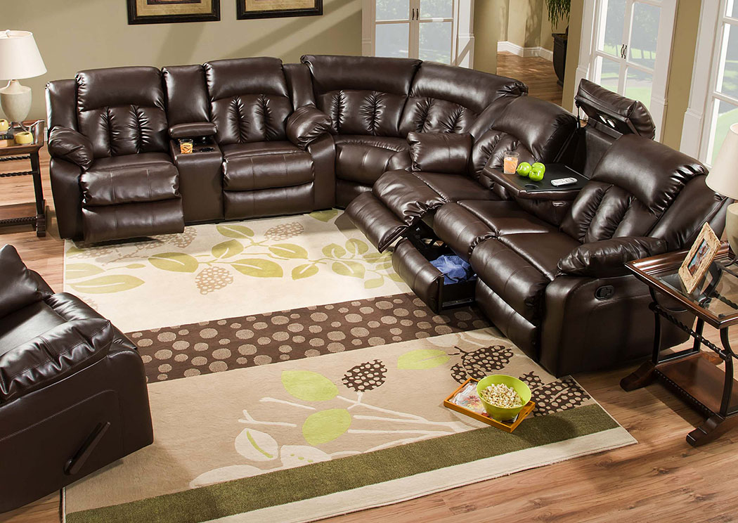 Sebring Coffebean Bonded Leather Double Motion Sectional w/ Table, Storage, and Lights,Atlantic Bedding & Furniture