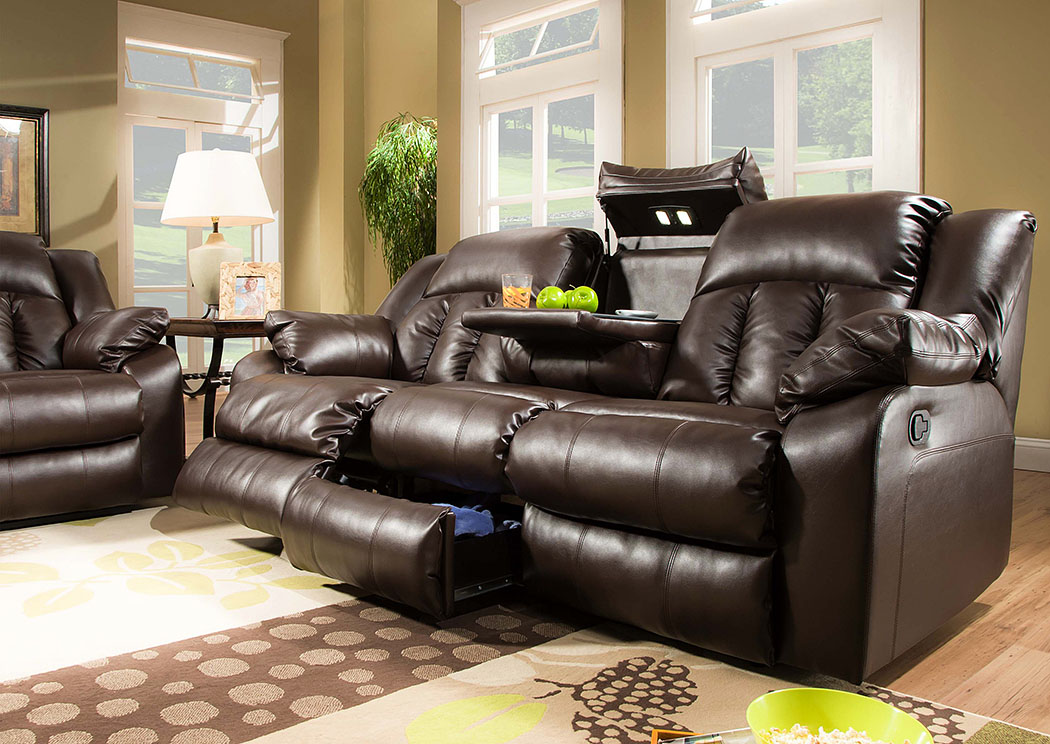 Sebring Coffebean Bonded Leather Double Motion Sofa w/ Table, Storage, and Lights,Atlantic Bedding & Furniture