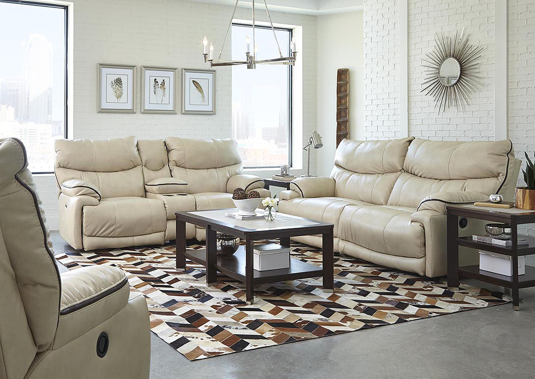 Larkin Buff Lay Flat Reclining Sofa & Loveseat w/Storage & Cupholders & USB Port,ABF Catnapper