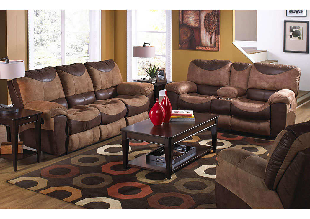 Portman Saddle/Chocolate Reclining Sofa and Console Loveseat w/Storage & Cupholders,ABF Catnapper