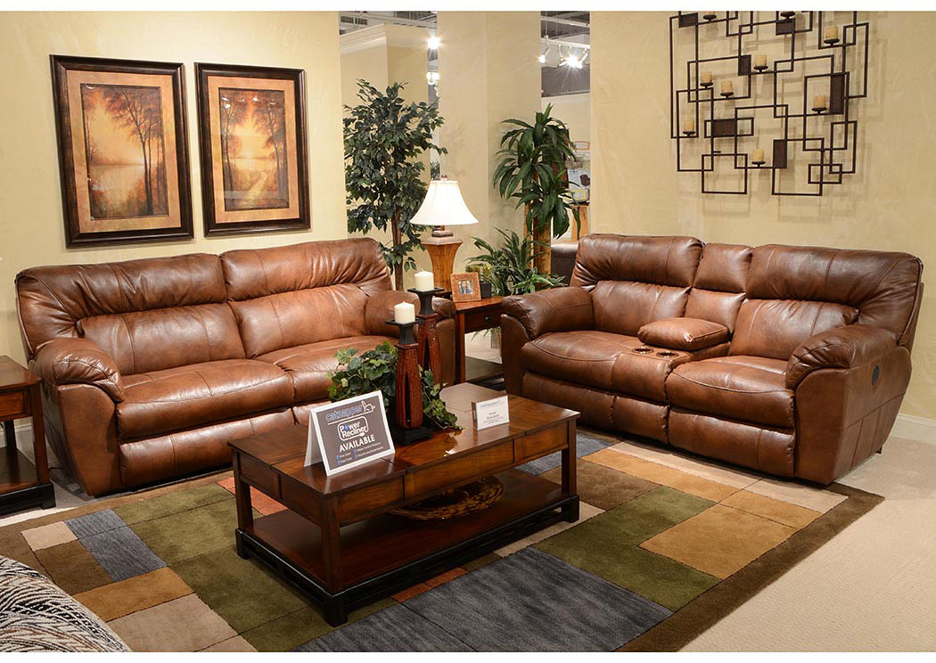 Nolan Chestnut Bonded Leather Extra Wide Reclining Sofa & Console Loveseat w/ Storage & Cupholders,ABF Catnapper