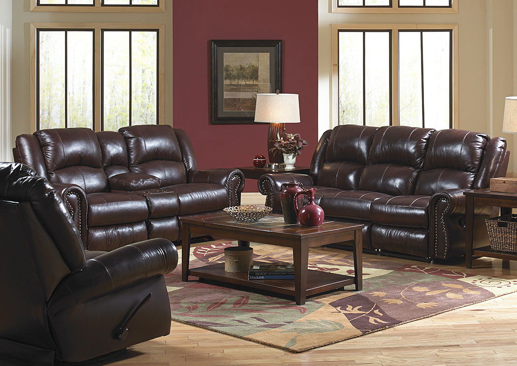 Livingston Redwood Top Grain Leather Reclining Sofa & Console Loveseat,ABF Catnapper