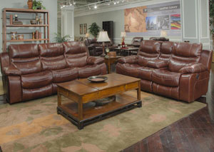 Image for Patton Walnut Top Grain Leather Lay Flat Reclining Sofa & Console Loveseat