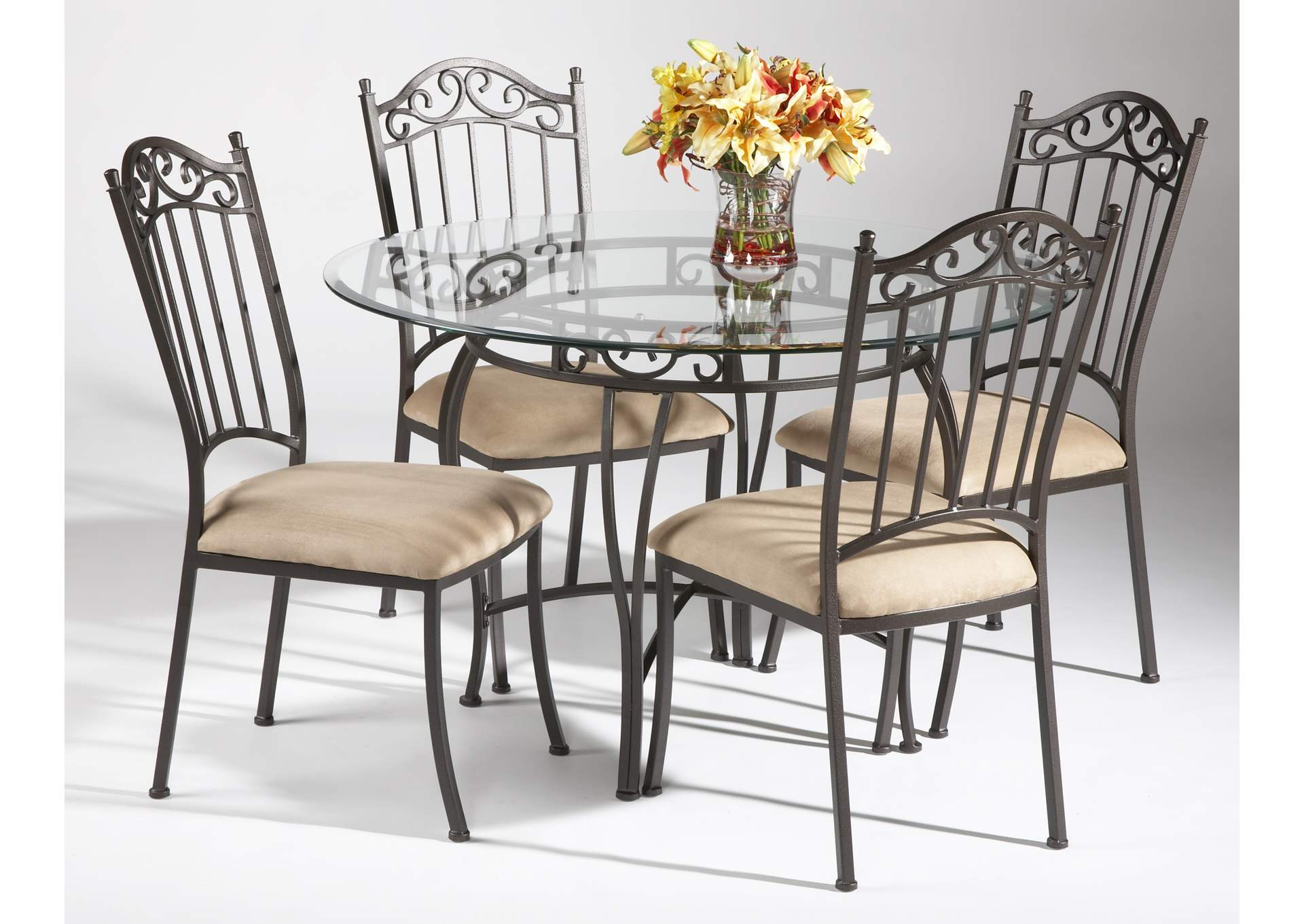 Transitional Style Dining Set With Wrought Iron Glass Table & Chairs,Chintaly Imports