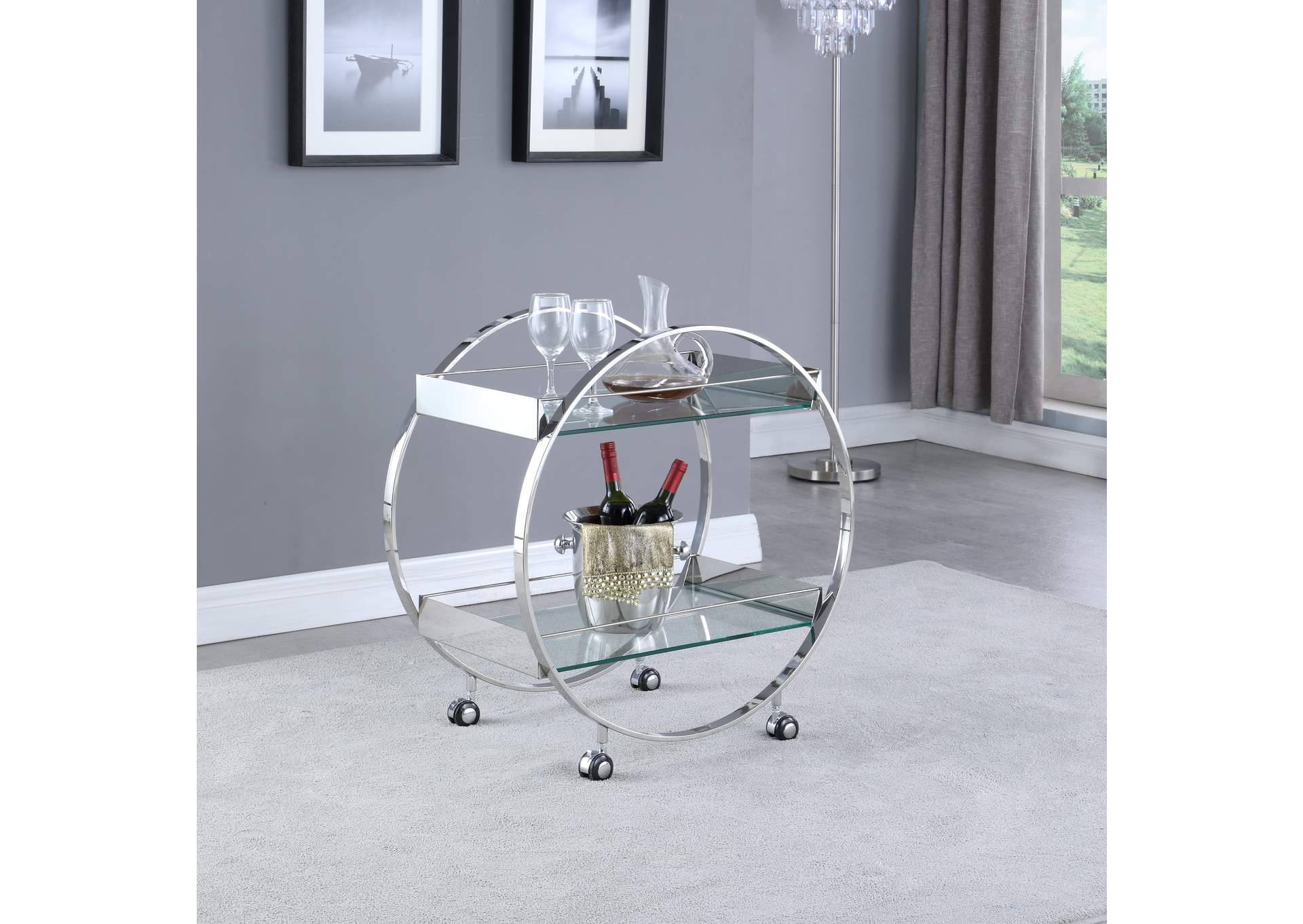 Contemporary Circular Tea Cart With Glass Shelves,Chintaly Imports