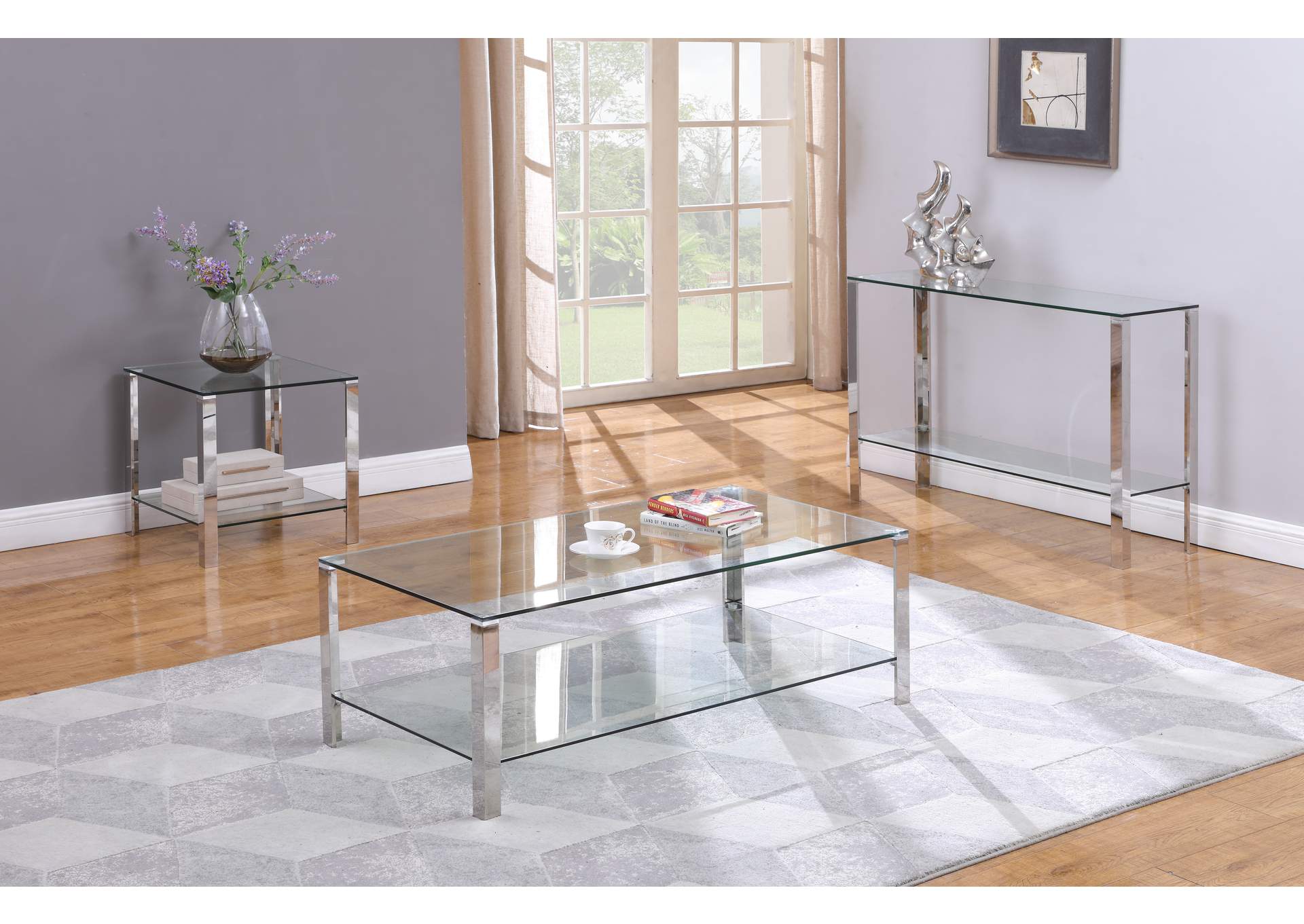 Contemporary Rectangular Glass & Stainless Steel Lamp Table,Chintaly Imports