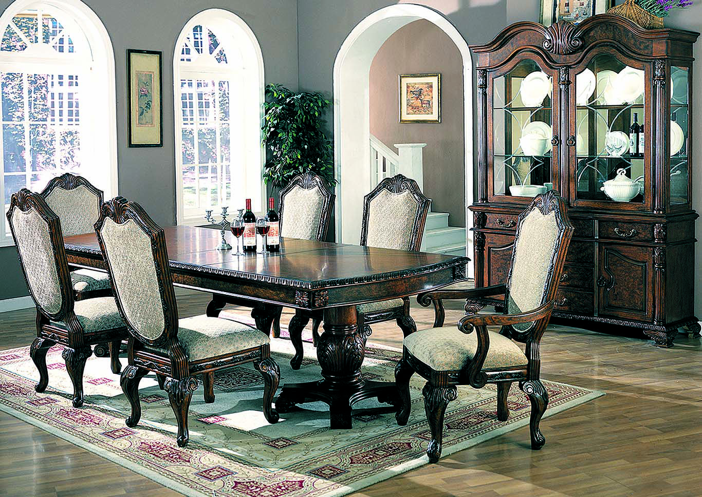 Saint Charles Brown Dining Table w/ 4 Side Chairs, 2 Arm Chairs, Buffet & Hutch,ABF Coaster Furniture