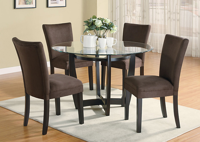 Round Glass Top Table w/ 4 Chocolate & Cappuccino Parson Chairs,ABF Coaster Furniture