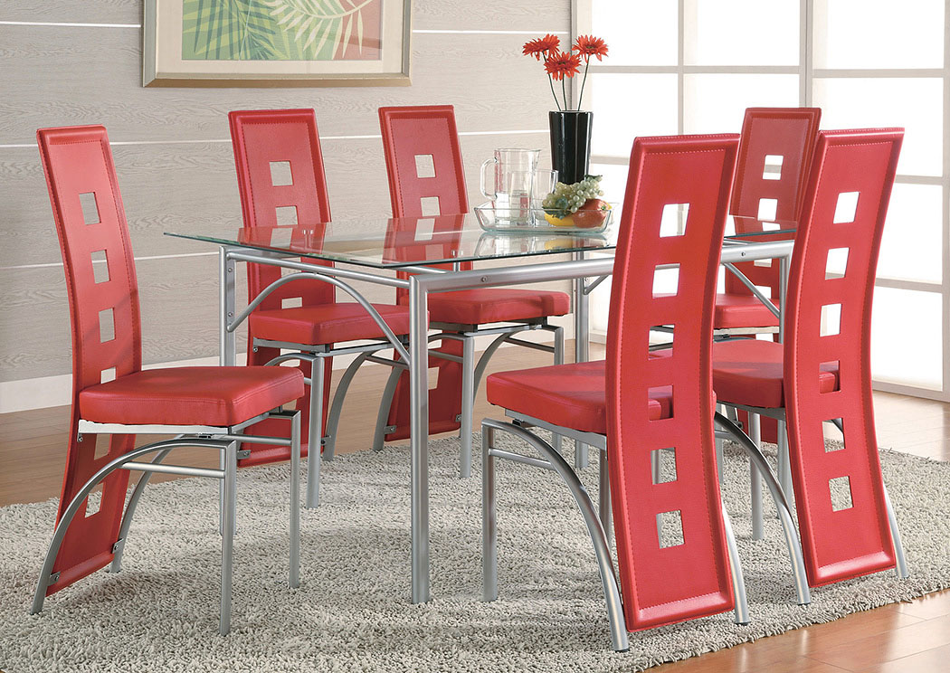 Table w/ 6 Red & Silver Dining Chairs,ABF Coaster Furniture