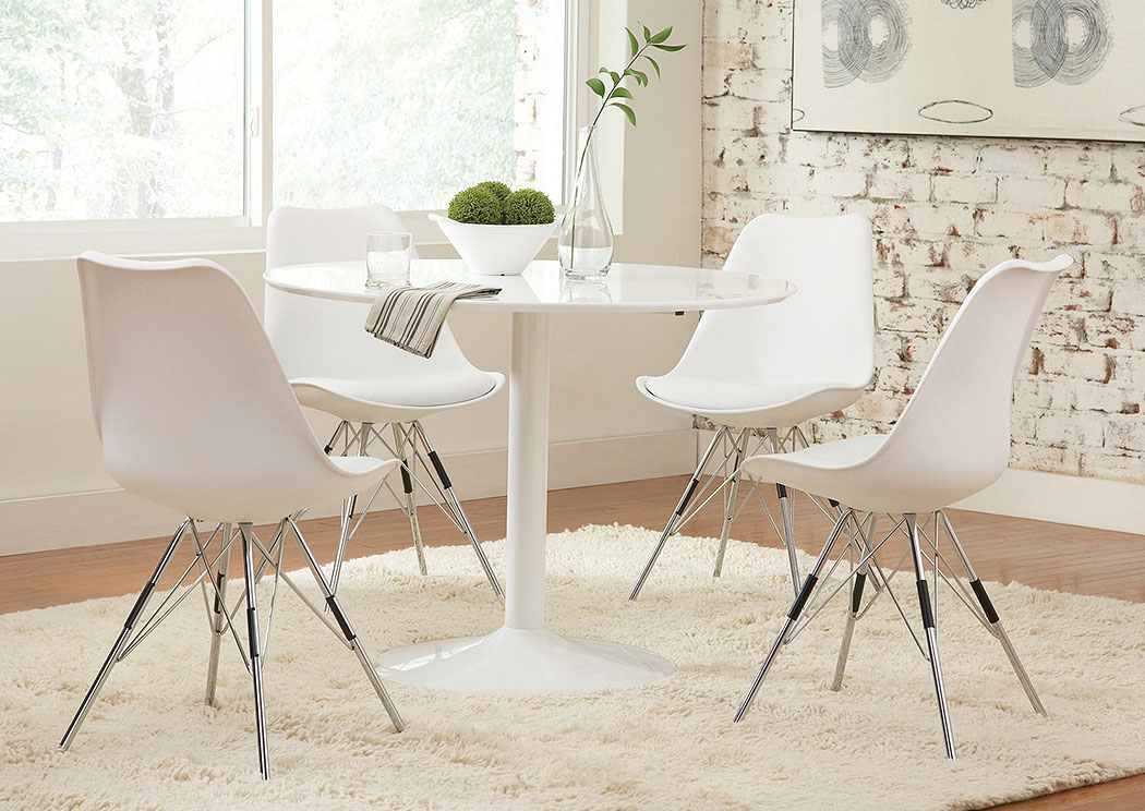 White Round Dining Table w/4 White Side Chairs,Coaster Furniture