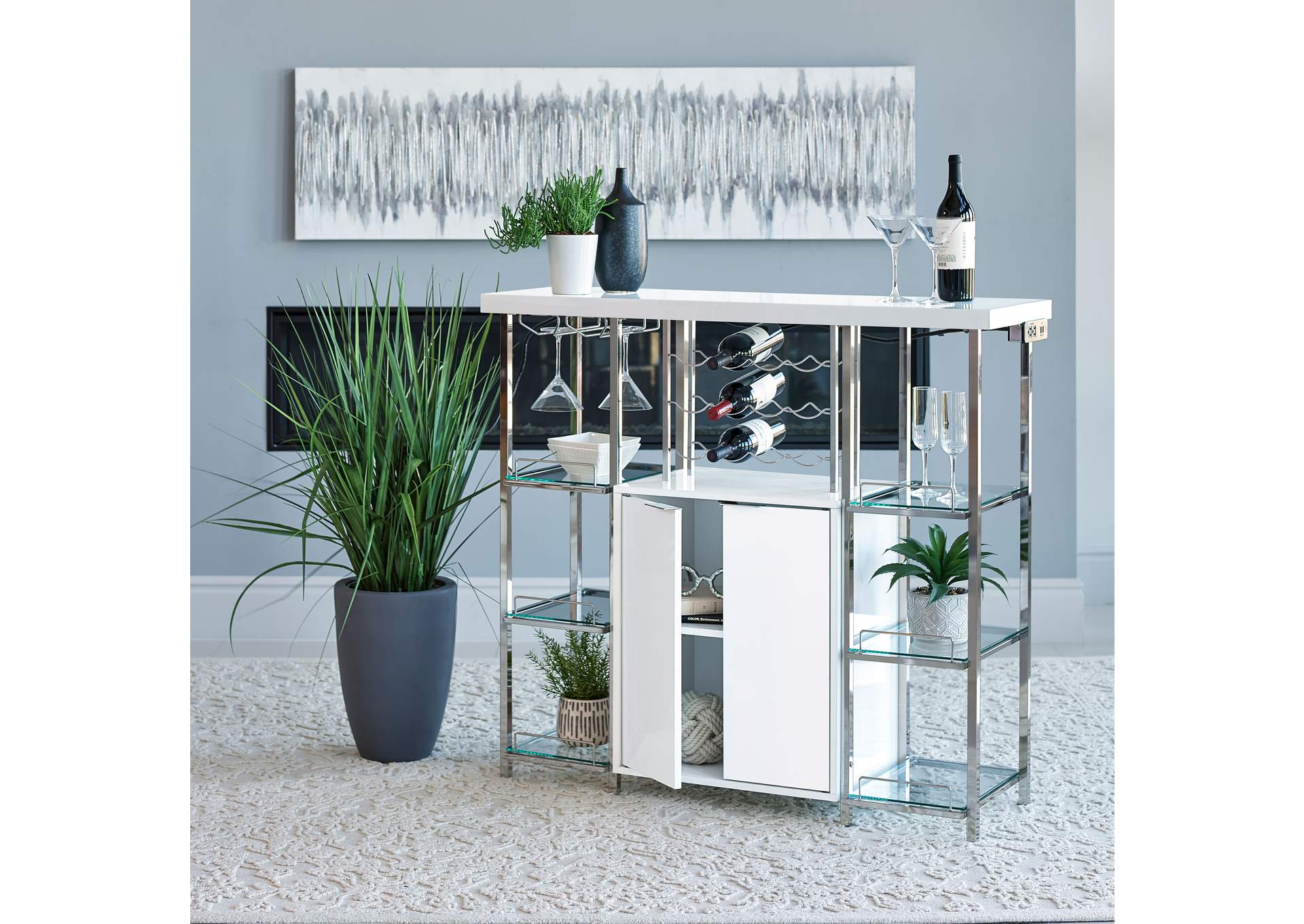 Gallimore 2-door Bar Cabinet with Glass Shelf High Glossy White and Chrome,Coaster Furniture