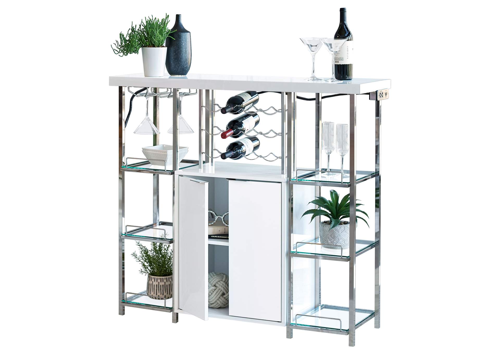 Gallimore 2-door Bar Cabinet with Glass Shelf High Glossy White and Chrome,Coaster Furniture