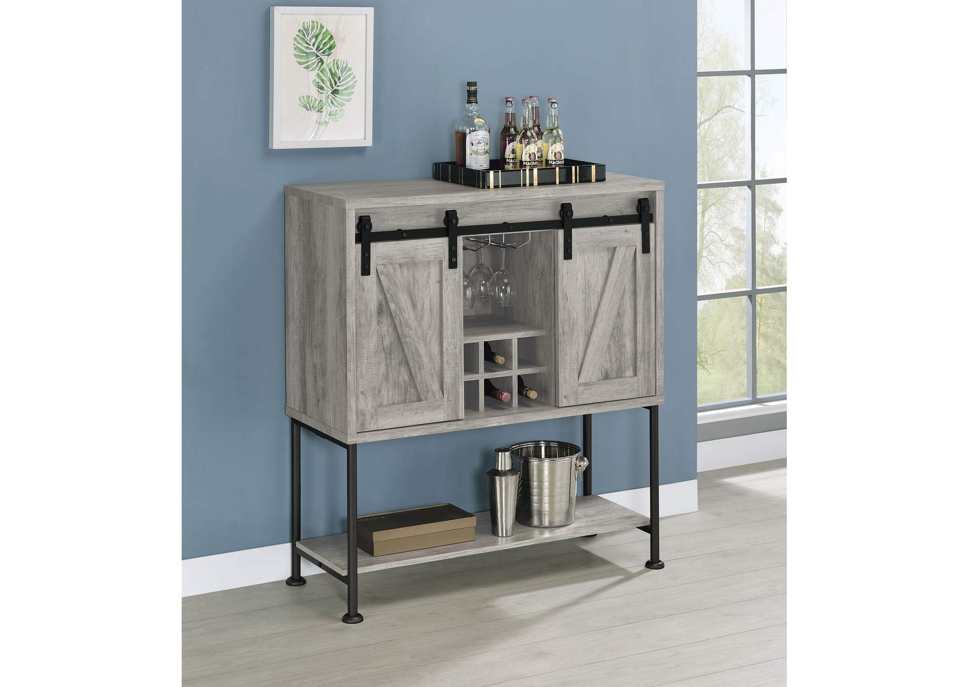 Claremont Sliding Door Bar Cabinet with Lower Shelf Grey Driftwood,Coaster Furniture