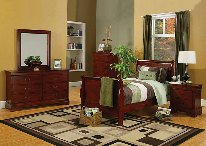 Louis Philippe Cherry Twin Size Bed, Dresser, Mirror, Chest & Night Stand,ABF Coaster Furniture
