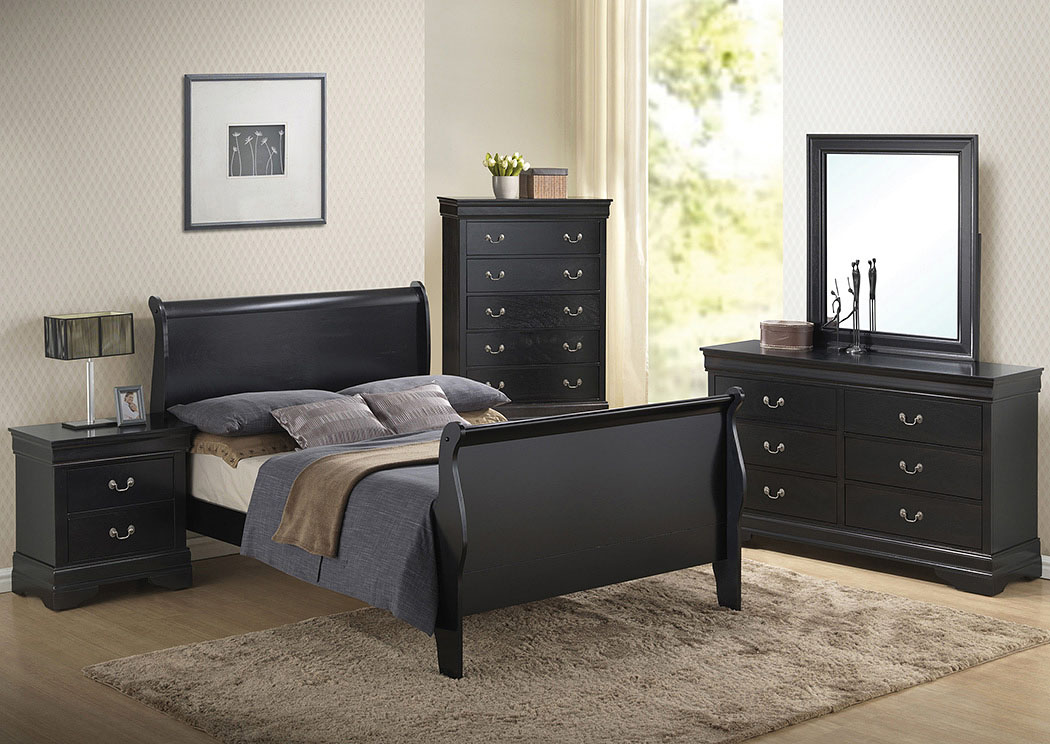 Louis Philippe Black Queen Bed, Dresser, Mirror & Night Stand,ABF Coaster Furniture
