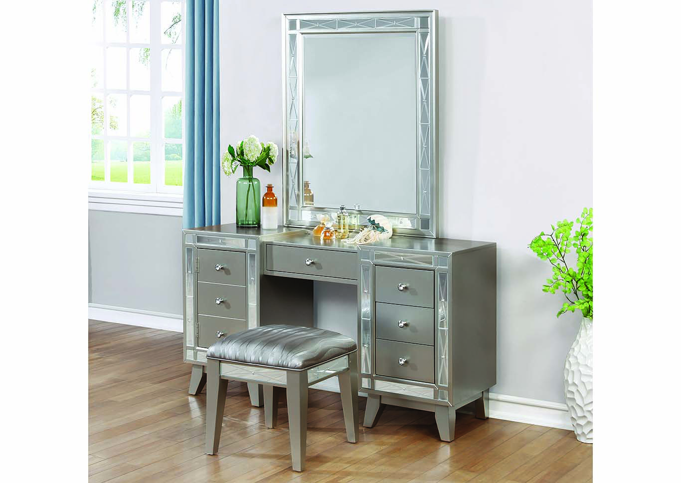 Leighton Metallic Mercury Vanity Desk, Stool and Mirror,ABF Coaster Furniture