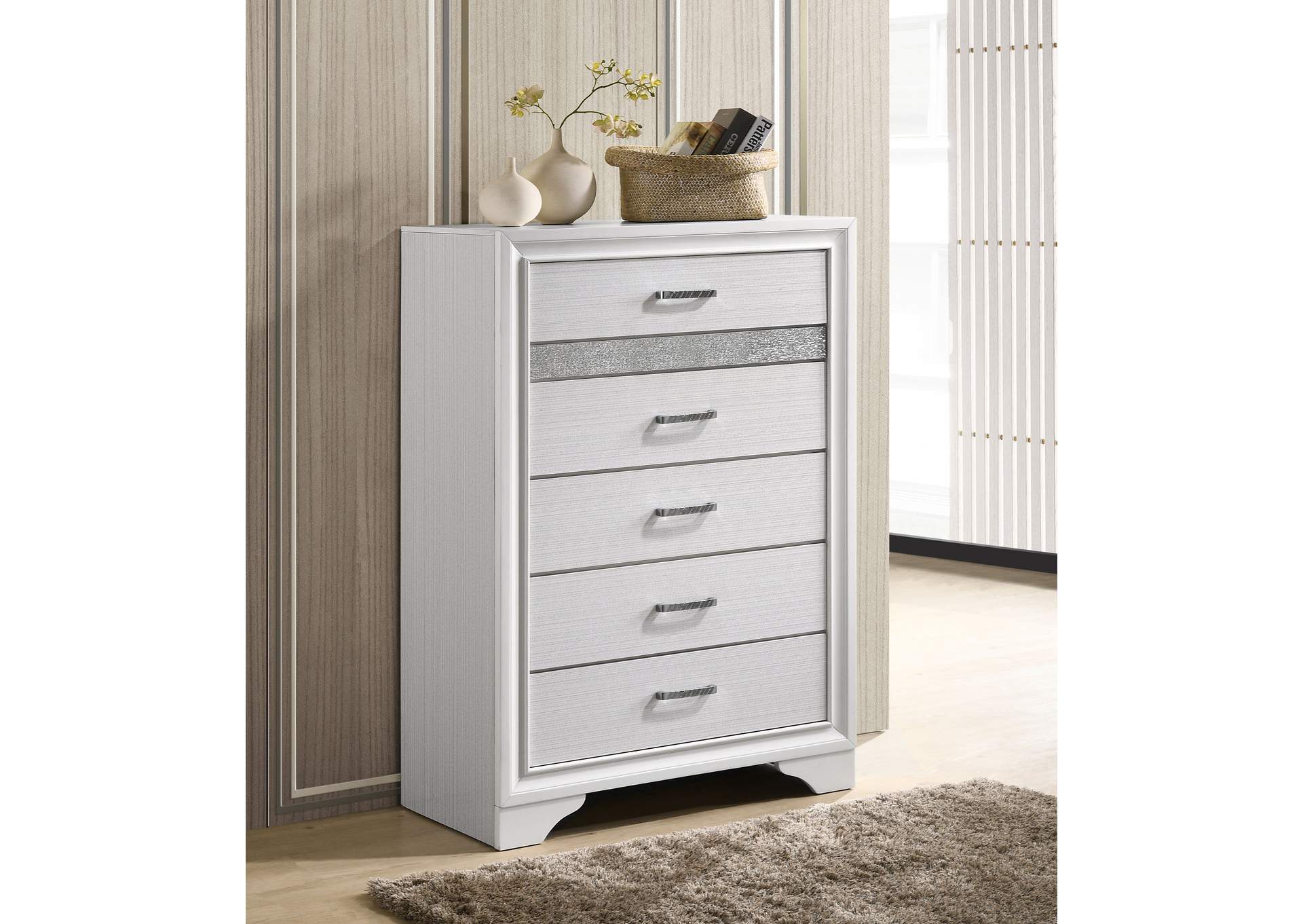 Miranda 5-drawer Chest White and Rhinestone,Coaster Furniture