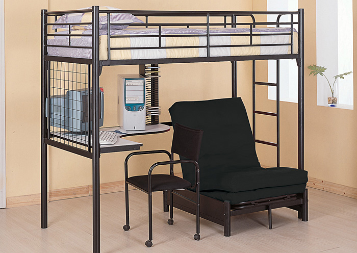 Glossy Black Twin Futon Workstation Loft Bunk Bed w/Desk, Chair & Futon,ABF Coaster Furniture