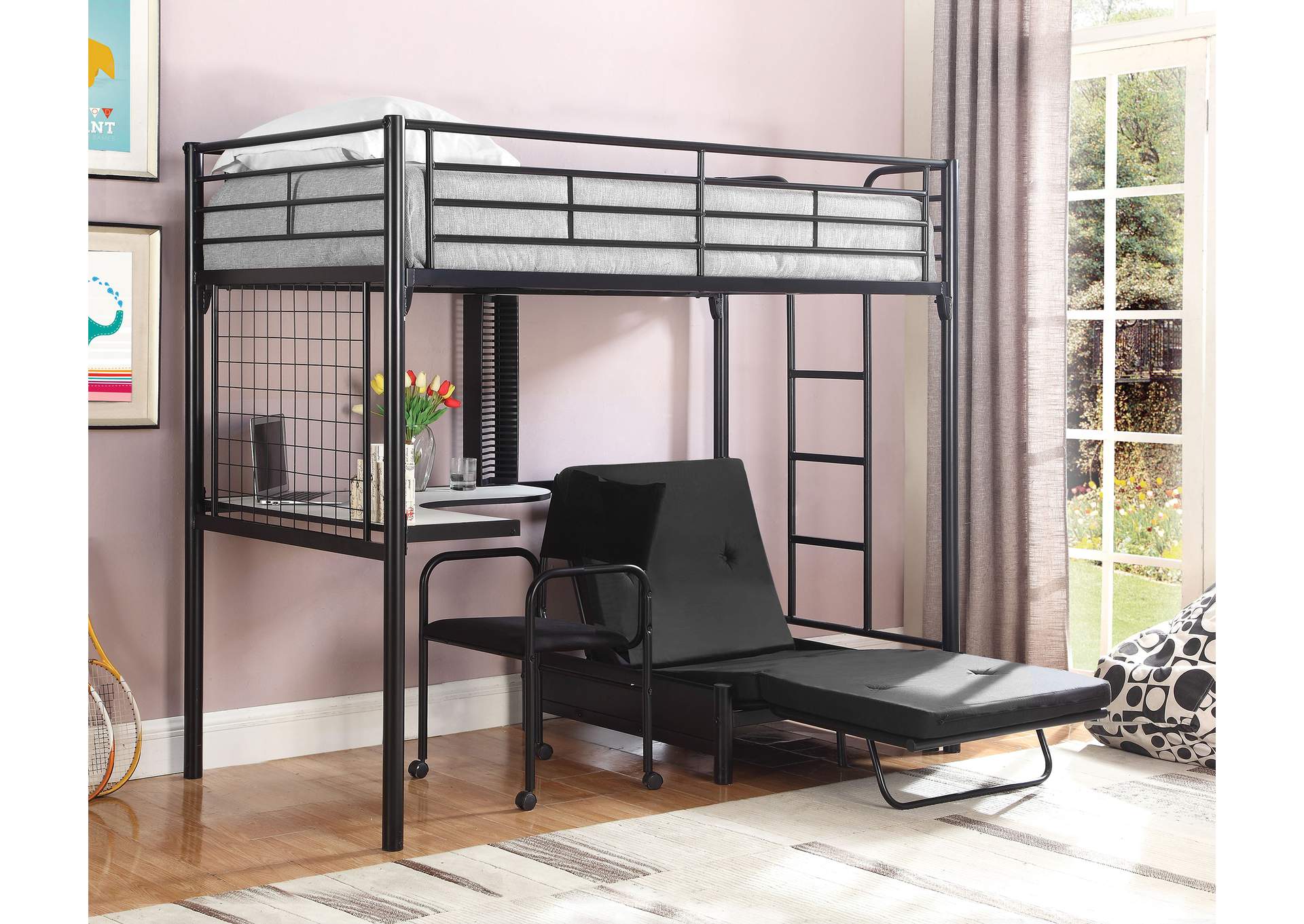 Jenner Twin Futon Workstation Loft Bed and Futon Pad Black,Coaster Furniture